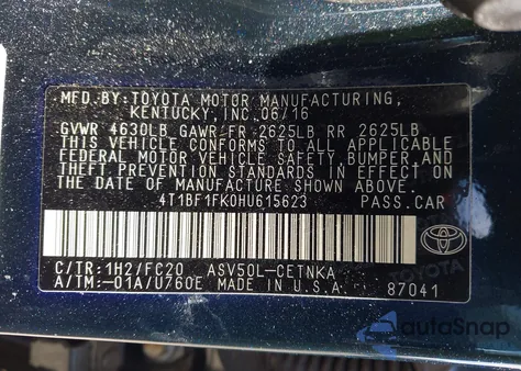 2017 Toyota Camry Le z USA, uszkodzony, nr VIN 4T1BF1FK0HU615623